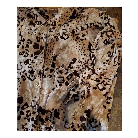 White Stag Womens Sz XL Button Down Blouse Animal Print Roll Sleeves Brown Pink - Picture 7 of 7